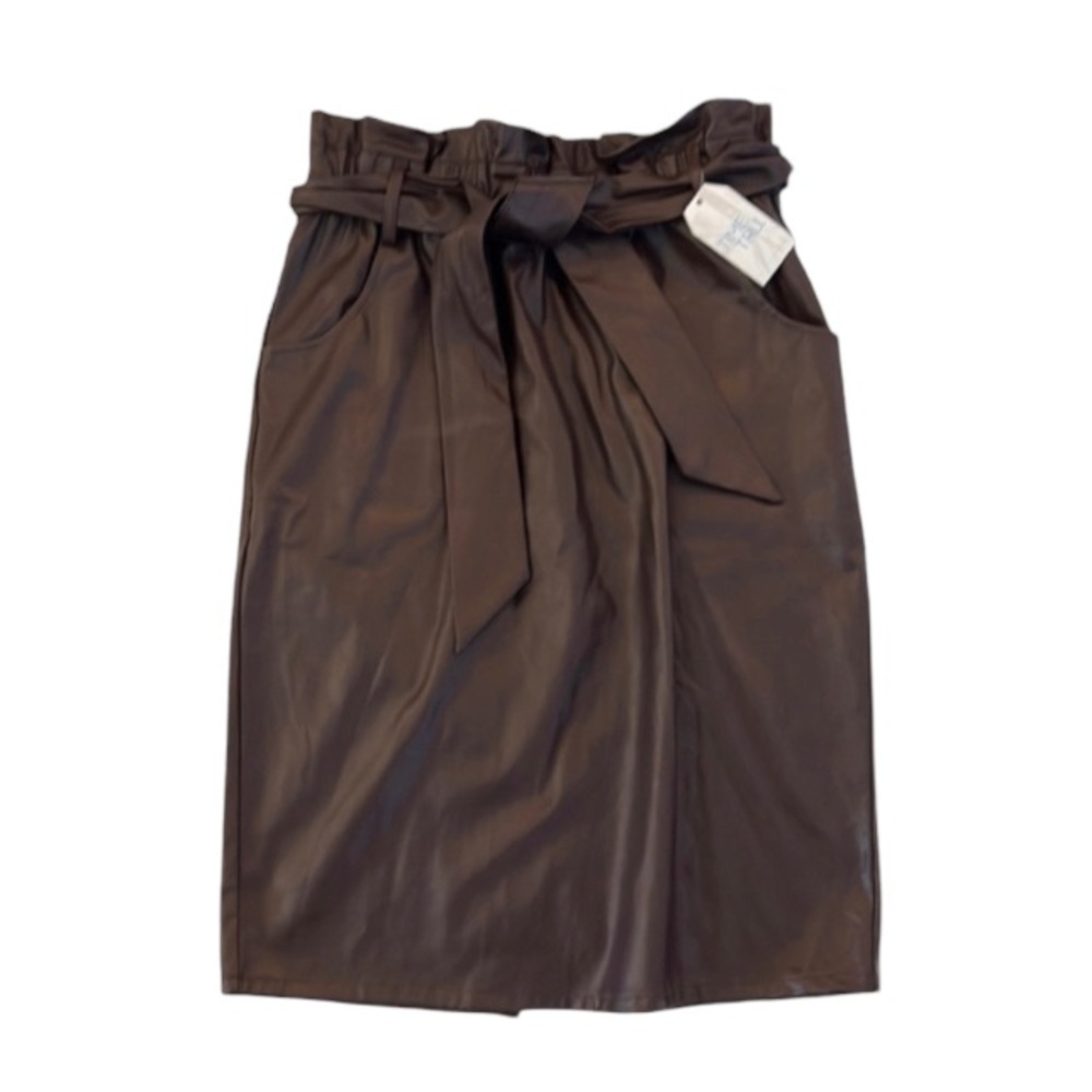 Time and Tru Faux Leather Paper Bag Chocolate Brown Knee Length Skirt Size S